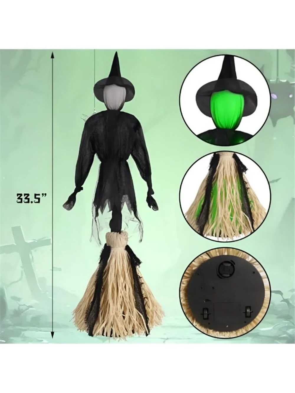 Electric Witch Broom, LED Witch Decoration, Voice and Touch Activated, Magical